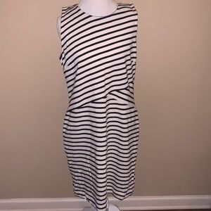 Talbots Black and Cream Striped Dress with asymmetrical seams and a zipper back